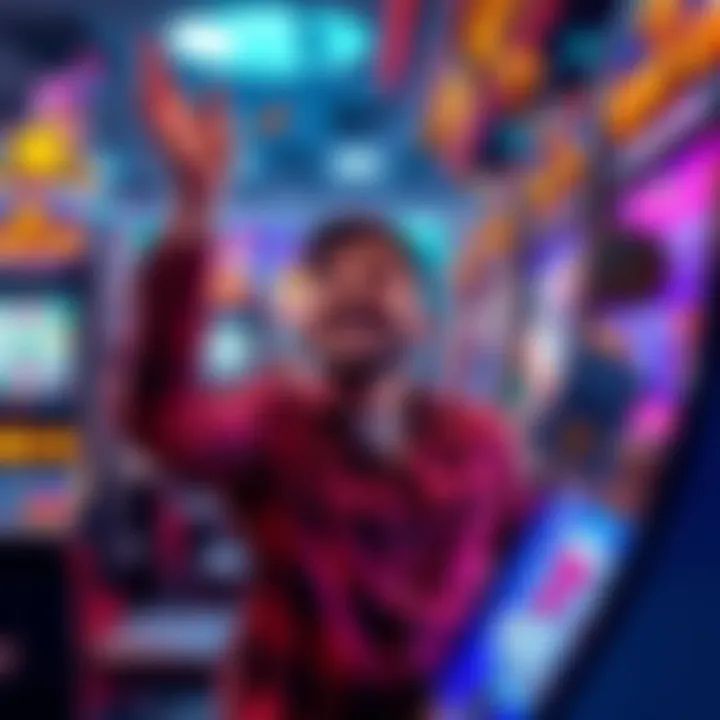 A person celebrating a big win at a slot machine with coins and cash around them