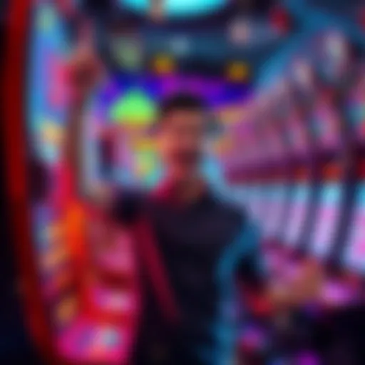 A person celebrating a big win at a slot machine after betting 80 cents, with coins and lights around them.