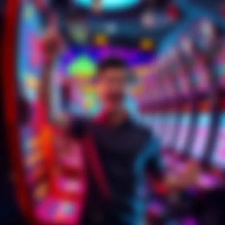 A person celebrating a big win at a slot machine after betting 80 cents, with coins and lights around them.