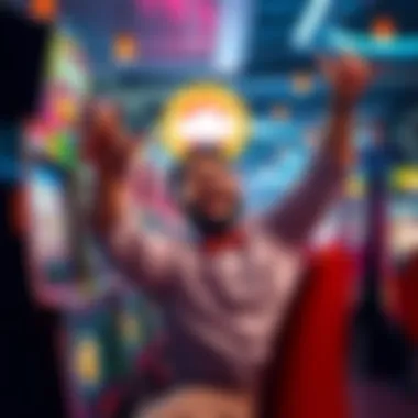 A player celebrating a big win at a slot machine after a successful spin, showing excitement and joy.