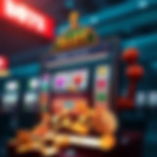 A colorful slot machine displaying winning symbols and coins spilling out, symbolizing successful free-play in a casino setting.