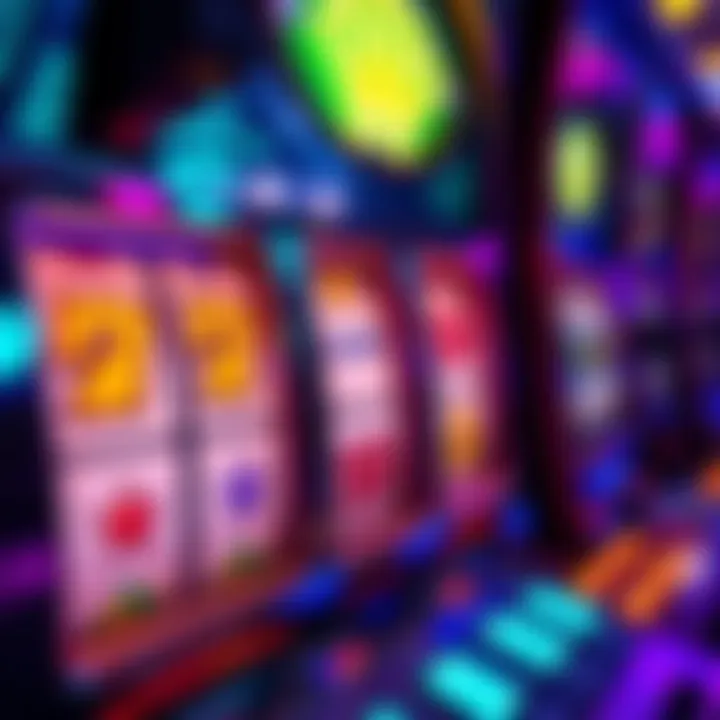 A close-up of a slot machine with colorful winning symbols lit up, showing potential prize wins