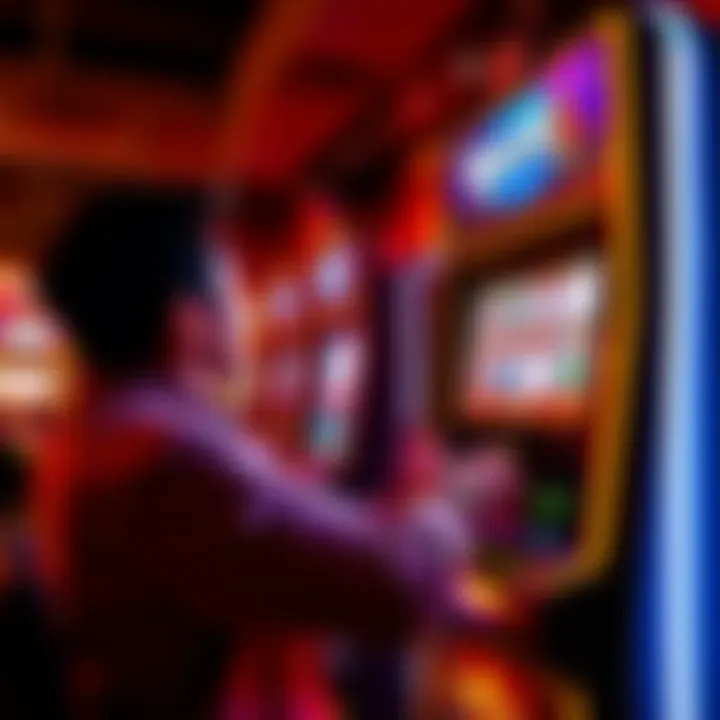 A person celebrating beside a slot machine with large winnings displayed on the screen
