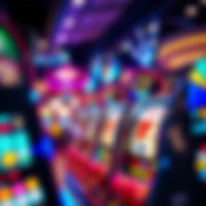 A colorful slots machine with spinning reels and bright lights in a casino setting