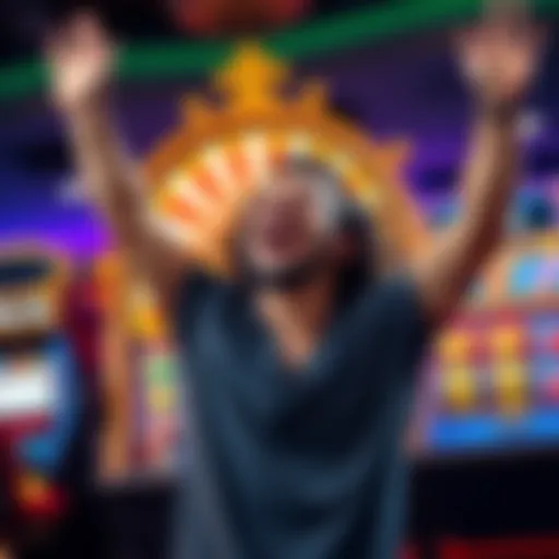 A joyful player celebrating a big win from three dollar spins, showing cash and slot machine in the background