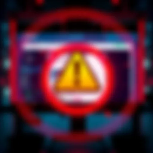 A bold alert symbol with a computer screen showing a blocked site, representing the Slottmadness scam warning.