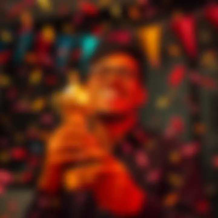 A person smiling while holding a trophy that represents a small victory, surrounded by confetti and party decorations.