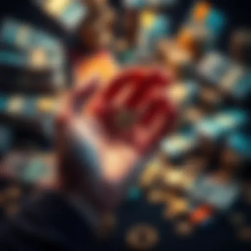 A hand holding a small coin with a backdrop of overflowing cash and coins, symbolizing unexpected winnings from a small bet.