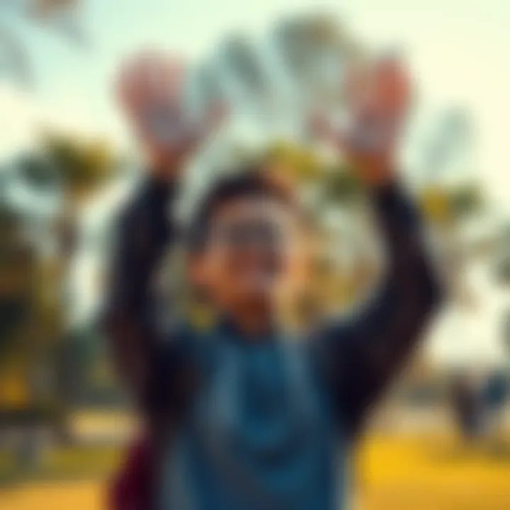 A person celebrating small achievements with a smile and raised hands in a sunny park.