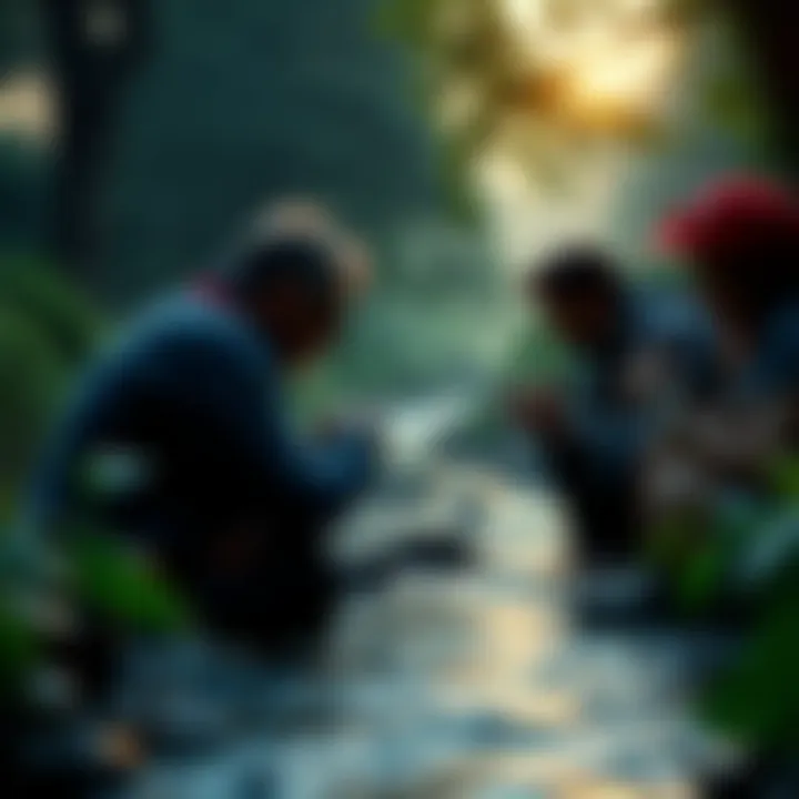 People placing bets near a small river, surrounded by nature, with a tense atmosphere and focused expressions.