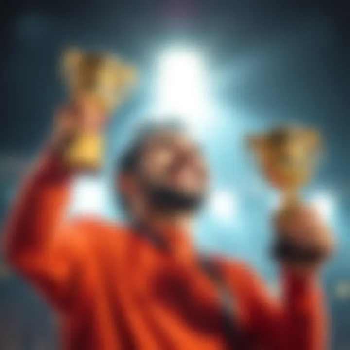 A person celebrating a small win, smiling while holding a trophy, with a bright background