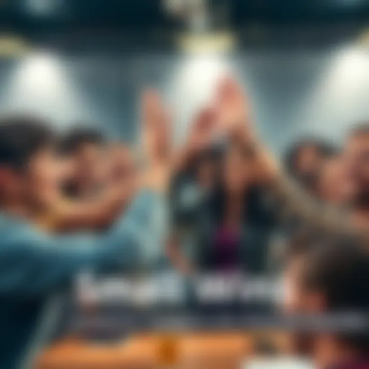 A group of people joyfully celebrating small achievements with smiles and high-fives, symbolizing motivation and progress towards larger goals.