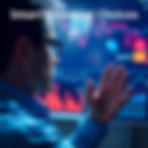 A person considering financial options with charts and graphs in the background