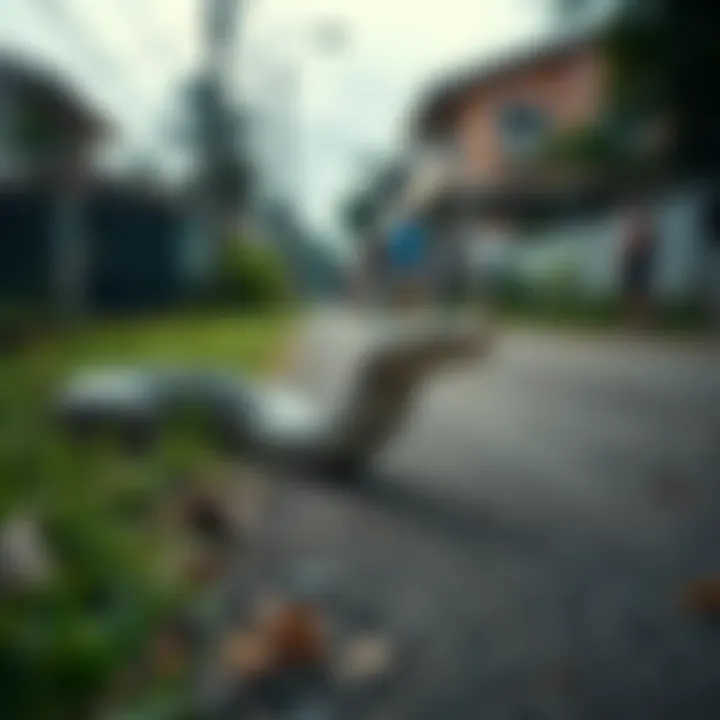A snake slithering on a path near a residential area, with people looking on in surprise and concern.