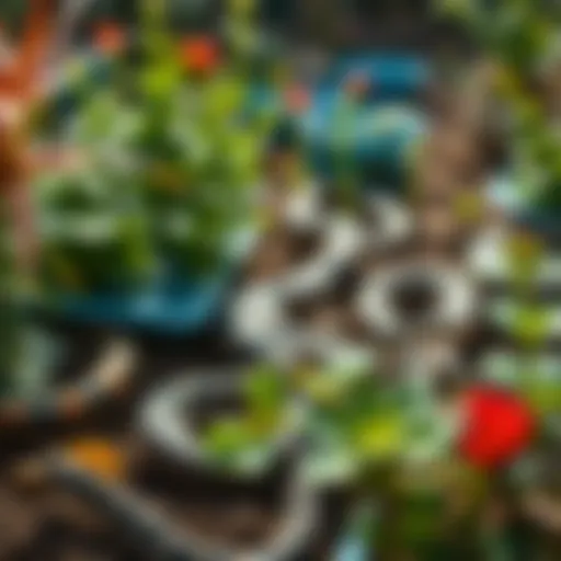A variety of snakes among plants in a community garden, showcasing their role in the ecosystem