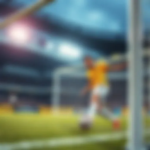 A soccer player executing a powerful kick towards the goal during a game