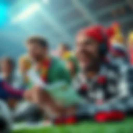 A soccer fan placing a bet on a match with a joyful expression, surrounded by soccer paraphernalia and a betting slip.