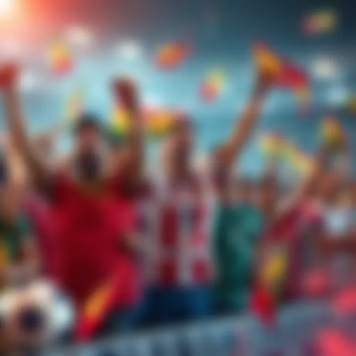 Excited soccer fans waving flags and wearing jerseys during the World Cup