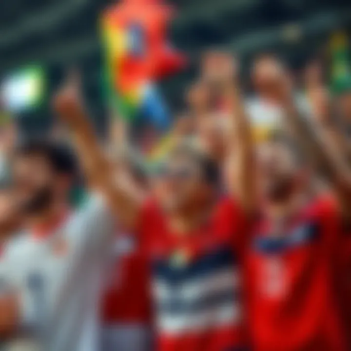 Soccer fans cheering for the World Cup A group of diverse soccer fans wearing team jerseys, waving flags, and celebrating in a lively atmosphere.
