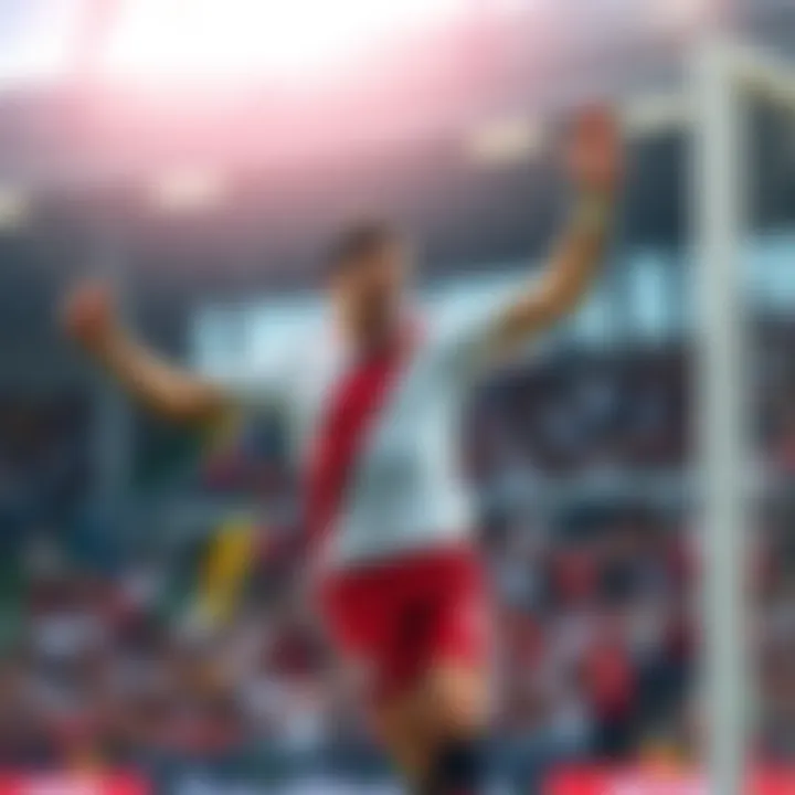 A soccer player celebrates after scoring a goal during halftime, with fans cheering in the background.