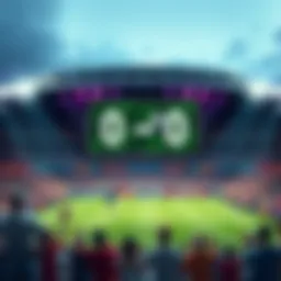 A soccer field showing a score of 0-0 on the scoreboard, surrounded by disappointed fans.