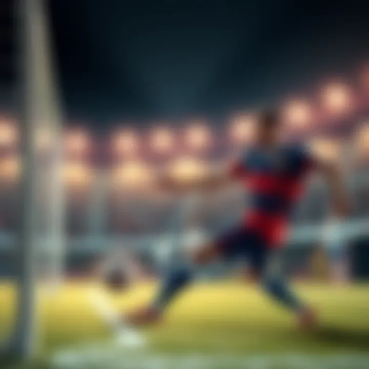 A soccer player takes a powerful shot towards the goal, while fans watch in anticipation