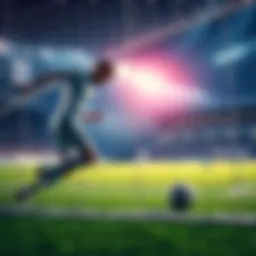 A soccer player in mid-action, missing a shot at the goal during a game, showing disappointment