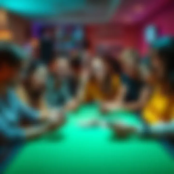 A group of friends gathered around a table, smiling and playing social casino games on their devices, enjoying their time while staying balanced.