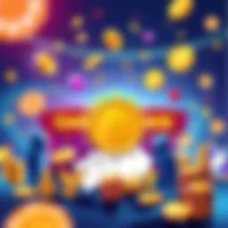 A vibrant illustration of social casinos with game icons and cryptocurrency symbols, highlighting instant cashouts for players.