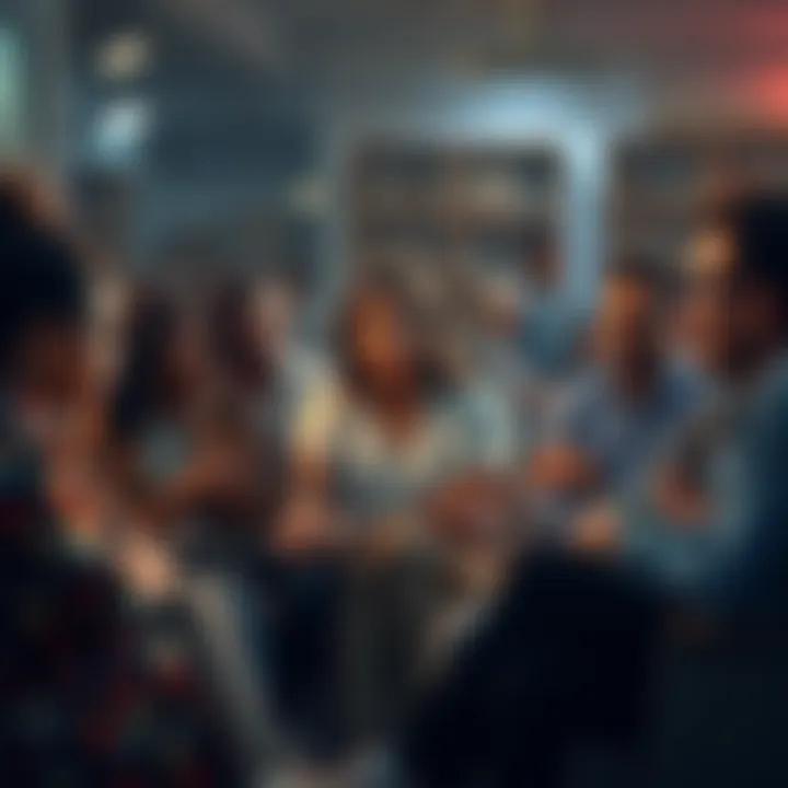 A group of diverse people sitting together, engaged in conversation, with one person hesitating to speak, illustrating the challenge of saying no in social settings.