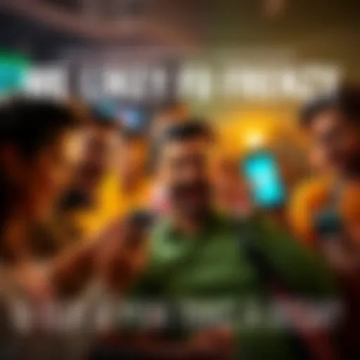 A group of excited people discussing Me Likey Fu Frenzy on their phones, with social media icons visible