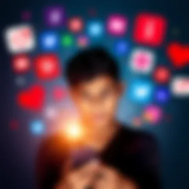 A visual showing a person looking at their phone with a worried expression, surrounded by social media icons representing anxiety and depression