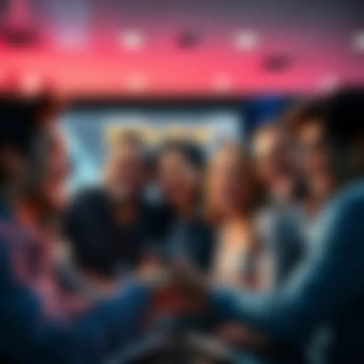 Social media reactions in 2025 A group of people laughing and interacting on social media platforms, showing different reactions like surprise and joy, reflecting current online culture.