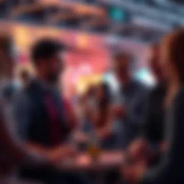 A group of friends chatting at a social event, avoiding the topic of poker, engaged in light conversation with smiles