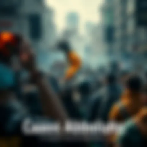 A chaotic scene depicting protests and unrest in the streets with people holding signs.