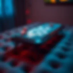 A close-up view of a soft game table with cards and chips on it, showcasing its cushioned surface and inviting atmosphere for playing games.