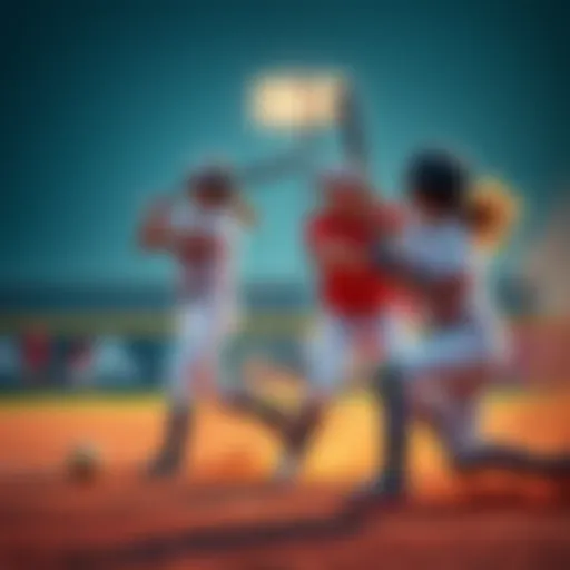 A group of softball players competing in a dynamic match, showcasing their skills and teamwork