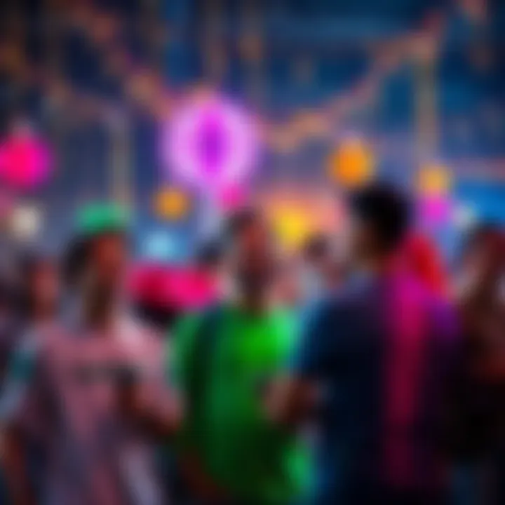 A group of diverse people engaging in a lively event featuring Somethin light, showcasing bright decorations and positive vibes