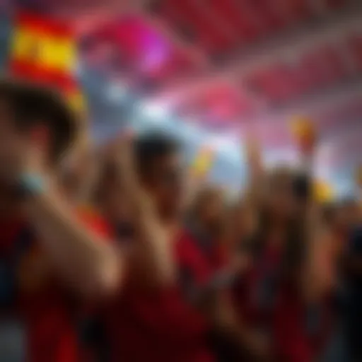 Spanish soccer fans show disappointment after their team's poor start in the World Cup, some holding their heads in frustration while others look at their phones.