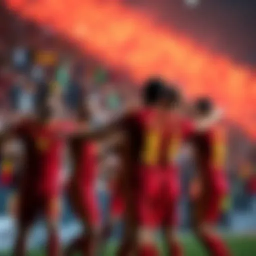 Spanish team celebrating a goal during a match with fans cheering in the background.