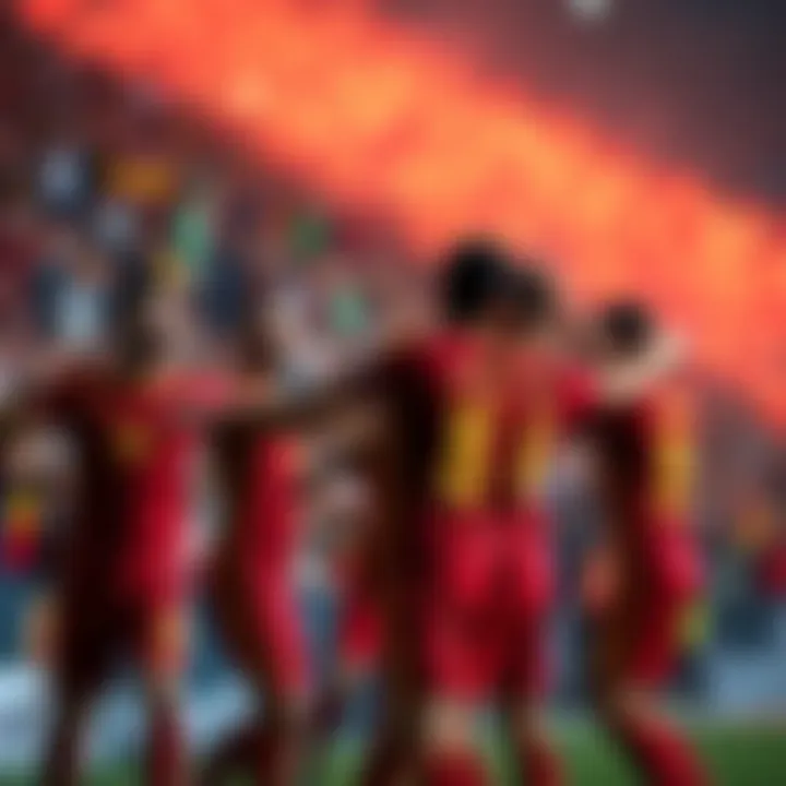 Spain Football Team Celebration Spanish team celebrating a goal during a match with fans cheering in the background.
