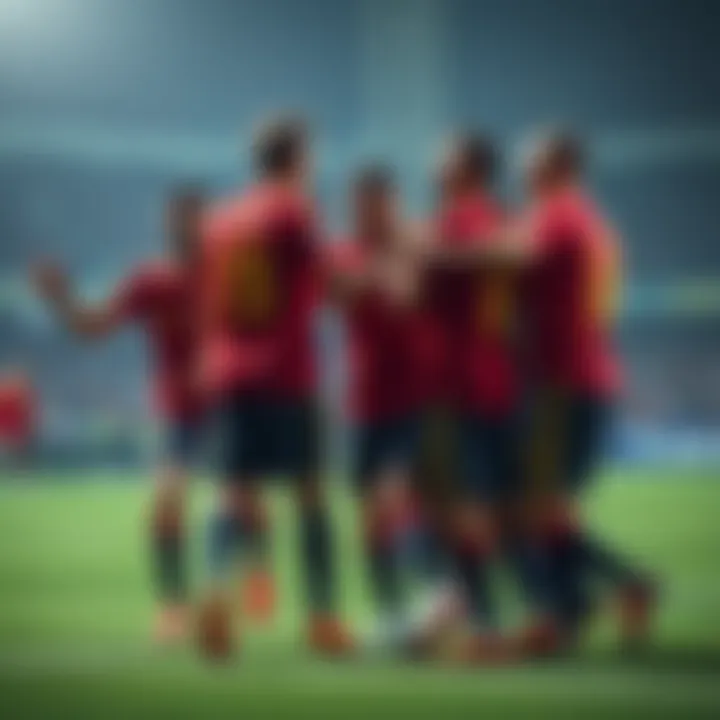 Players from the Spain national football team celebrate a goal during a match, showcasing teamwork and excitement.
