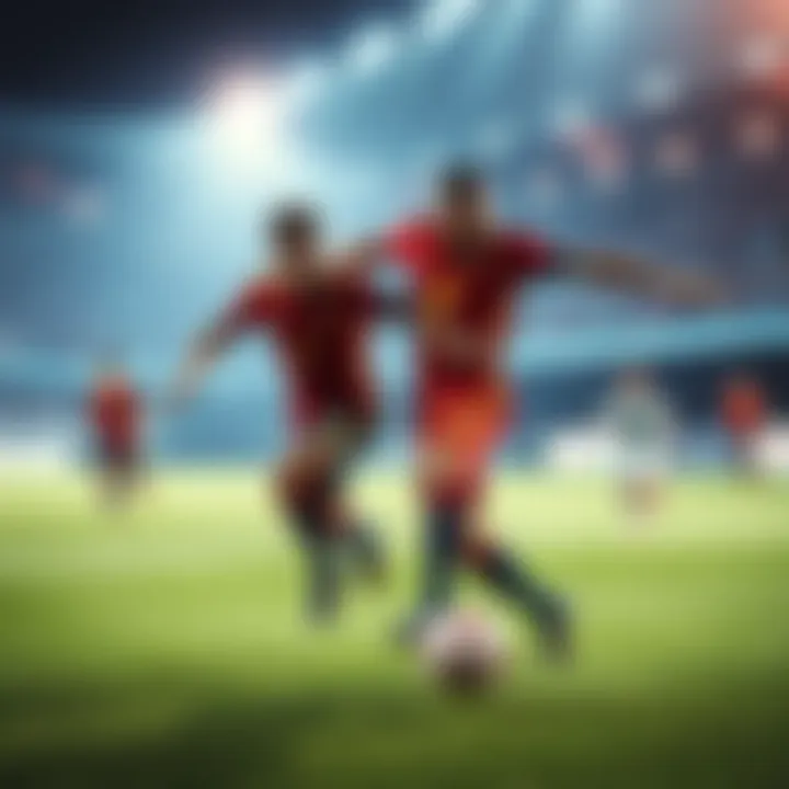 Action shot of players from Spain and Austria battling for the ball during a soccer match.