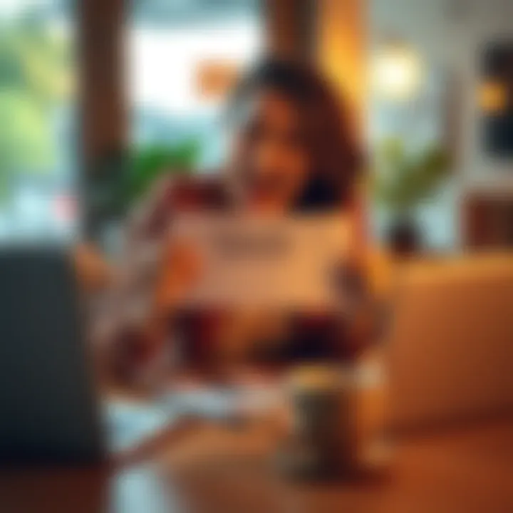 A person excitedly holding an envelope marked as a special bonus, sitting at a table with a laptop and coffee cup nearby.