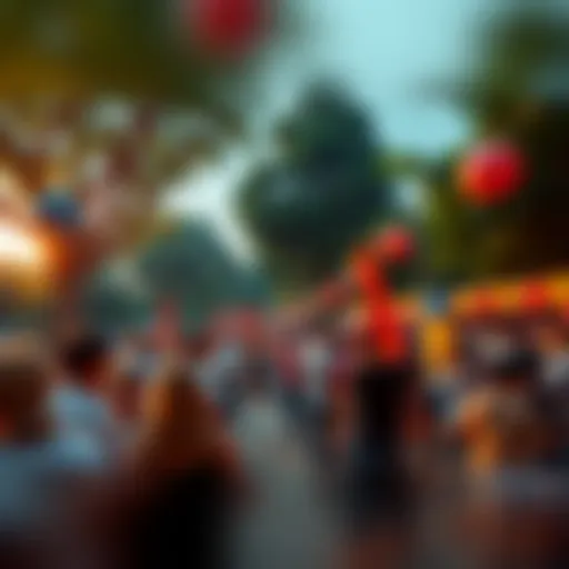 People gathering in a park, excitedly preparing for a significant event with decorations and banners.