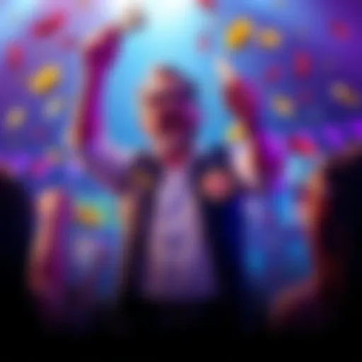 A player celebrating a big win on Spinpals with cash and prizes in hand.