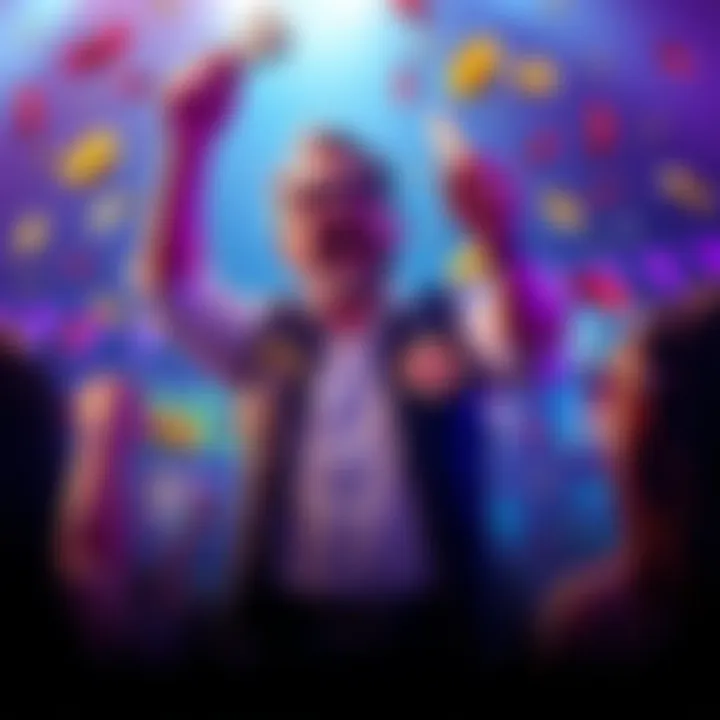 A player celebrating a big win on Spinpals with cash and prizes in hand.