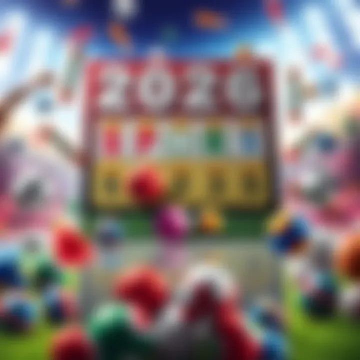 A vibrant bingo card filled with sports icons and predictions for upcoming events in 2026, set against a lively background