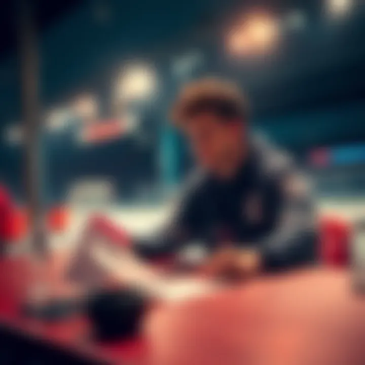 A person sitting at a table with a sports betting slip, looking thoughtful about a hockey game between the Oilers and the Knights