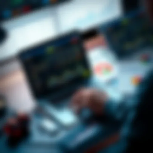 A person looking at sports statistics and trends on a laptop, surrounded by betting slips and charts.